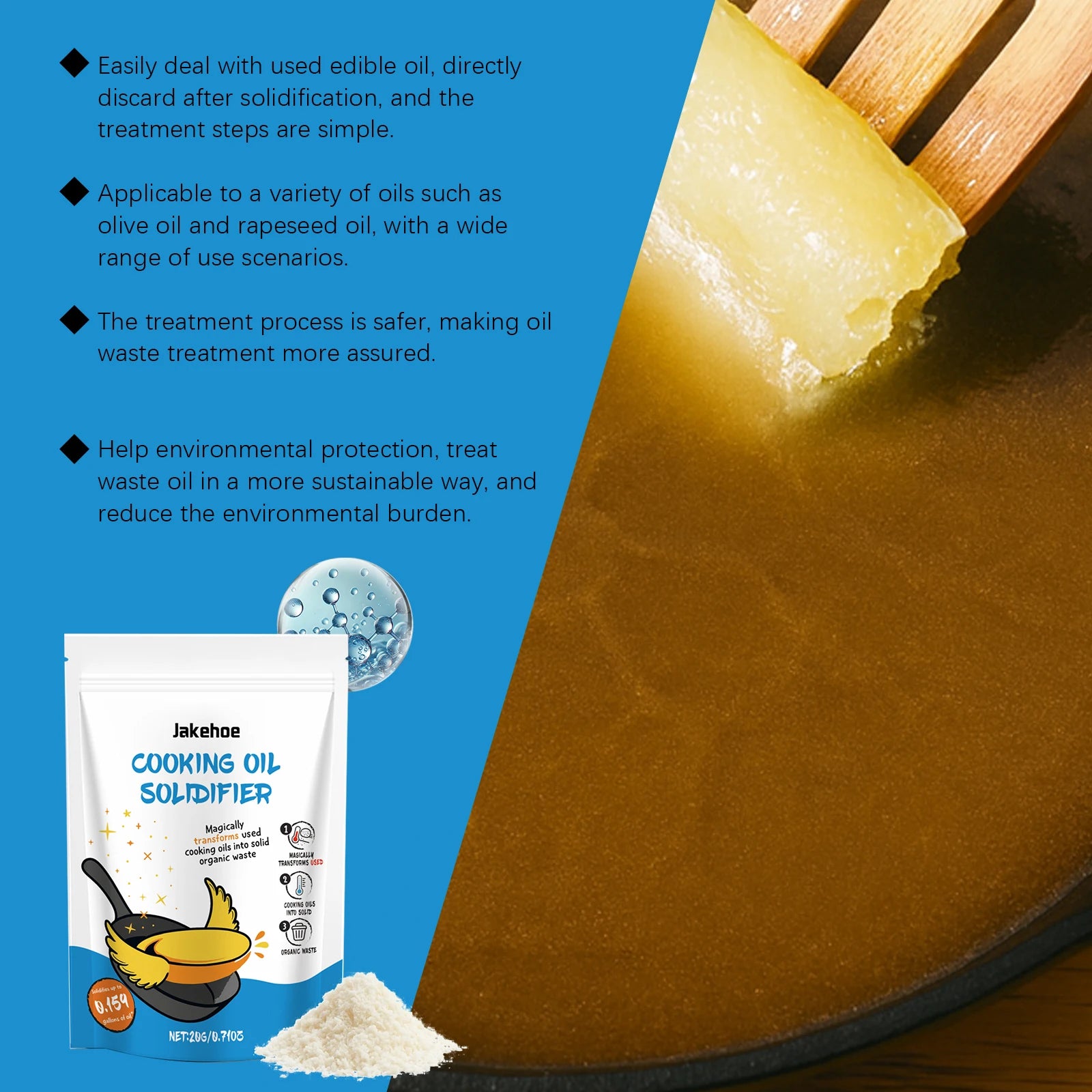 Cooking oil solidifier product with text telling the benefit of our oil solidifier