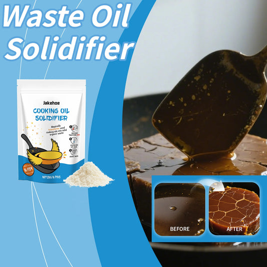 Cooking oil solidifier package with a spoon and melted chocolate showing before and after effect on a blue background.