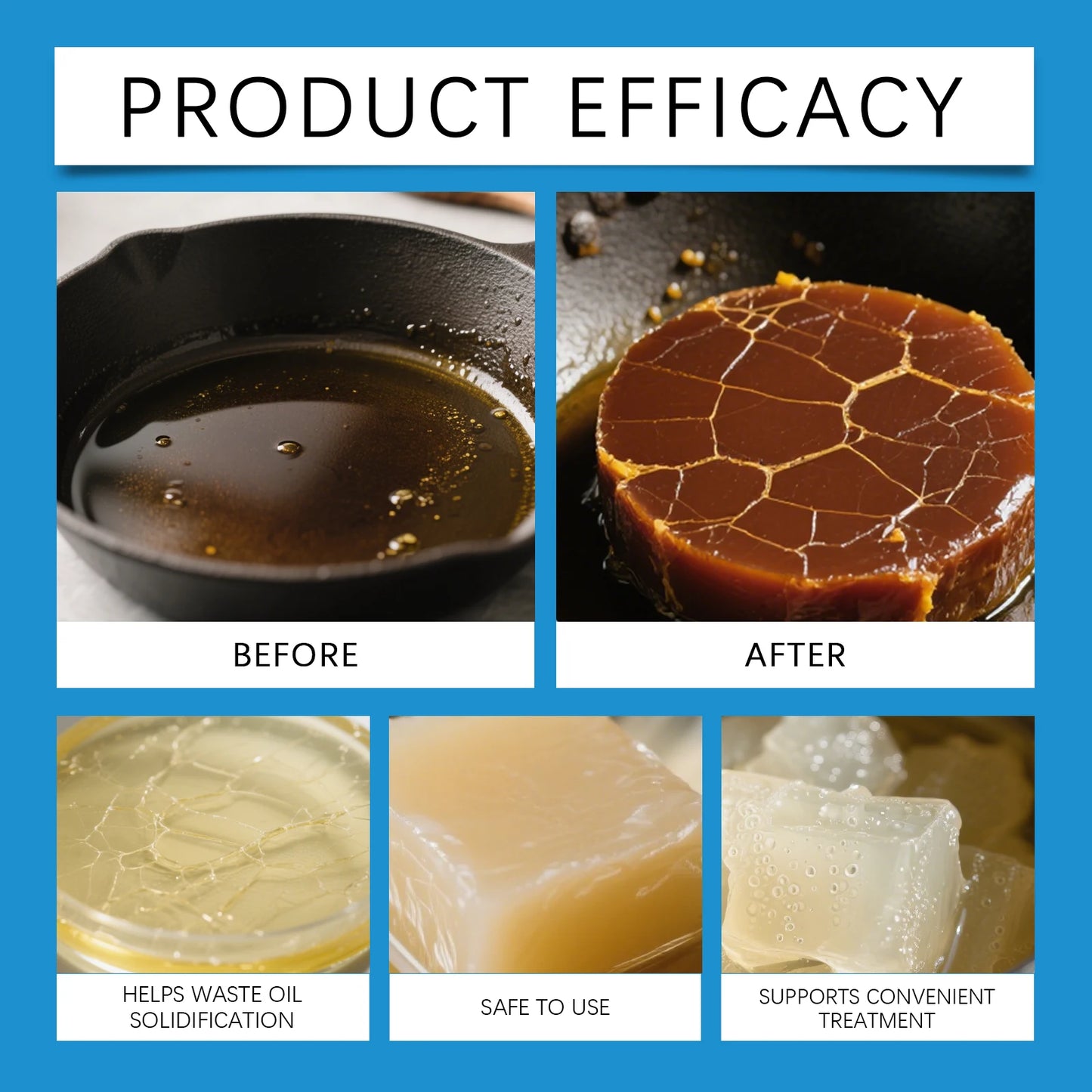 Before and after comparison of waste oil solidification with text on product efficacy.